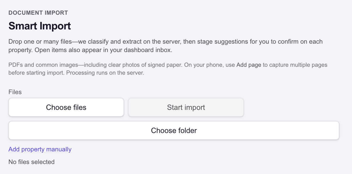 Grove Smart Import card: choose files and Grove classifies and extracts them on the server.